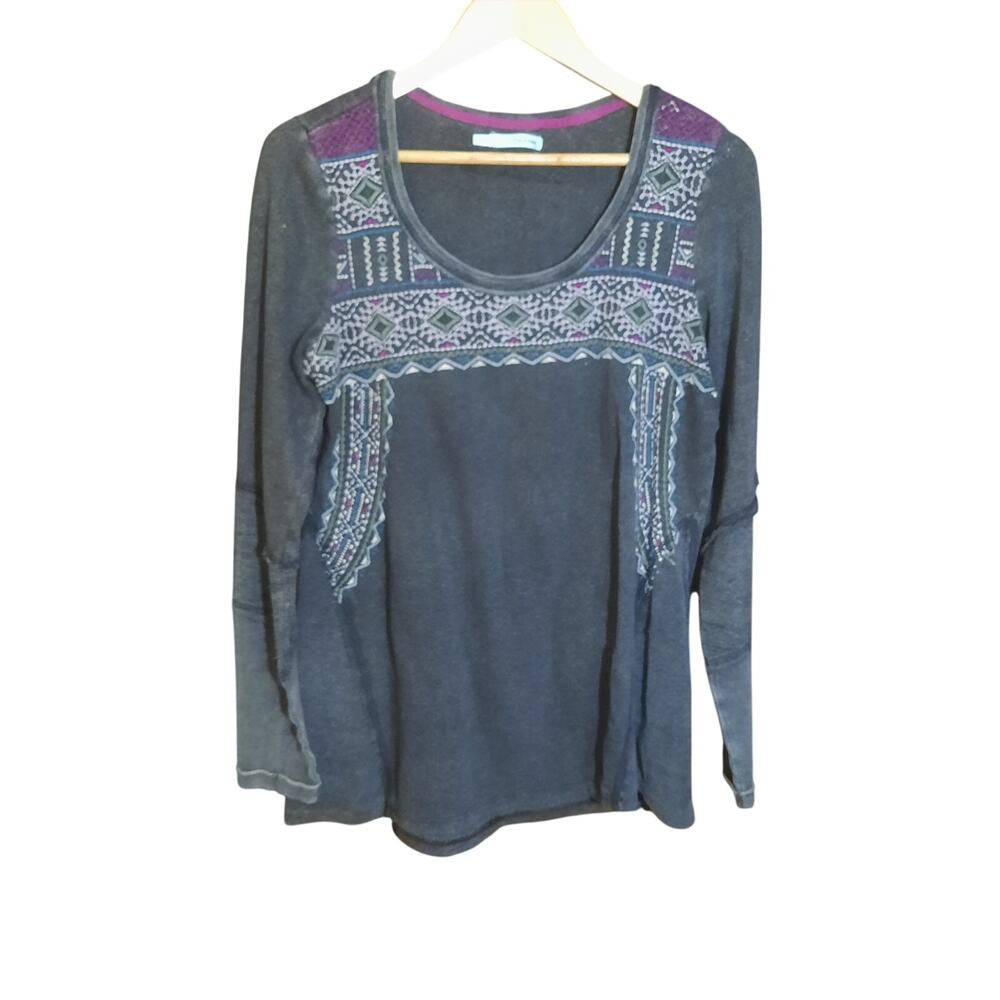 Maurices Womens Boho Charcoal Embroidered Detail Long Sleeve Pullover Size L